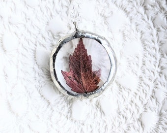 Maple Leaf Glass Pendant Necklace, Soldered Glass Jewelry, Glass Necklace, Fall Leaf Necklace, Floral Jewelry