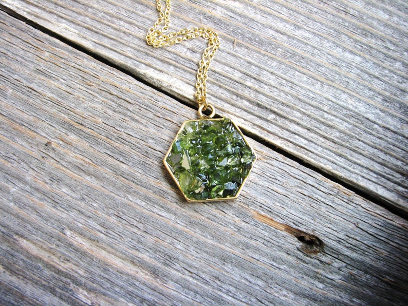 Green Glass Hexagon Necklace, Peridot Green Necklace, Boho Necklace, Bohemian Jewelry, Statement Jewelry, Minimalist Necklace image 3