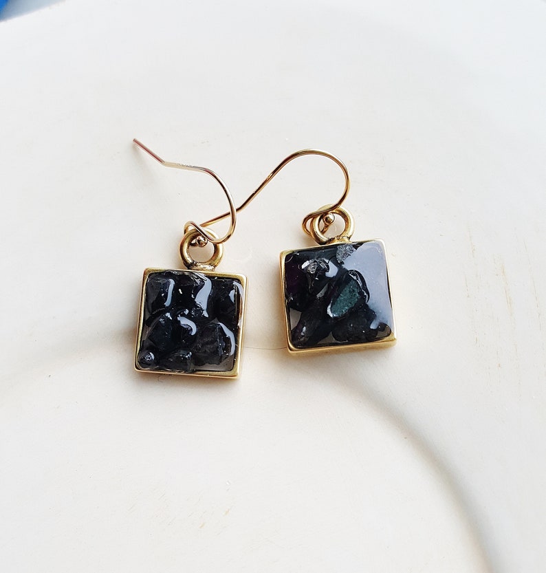 Smokey Glass Chip Earrings, Smoky Black Earrings, Geometric Earrings, Glass Earrings, Delicate Gold Earrings, Minimalist Earrings image 1