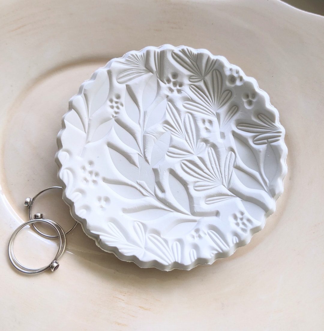 White Clay Dish, Ring Catch-all Dish, Jewelry Holder, Botanical Ring ...