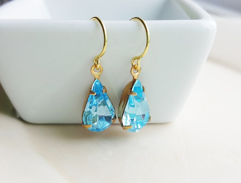 Blue Glass Jewel Earrings, Vintage Style Earrings, Estate Cut Glass Gem Earrings, Tear Drop Rhinestone Earrings, Vintage Jewel Earrings image 3