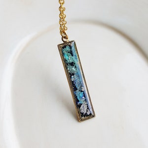 Faux Dichroic Glass Bar Necklace, Colorful Resin Jewelry, Polymer Clay Jewelry, Blue Purple Rainbow Necklace, Gold Flake Necklace image 1