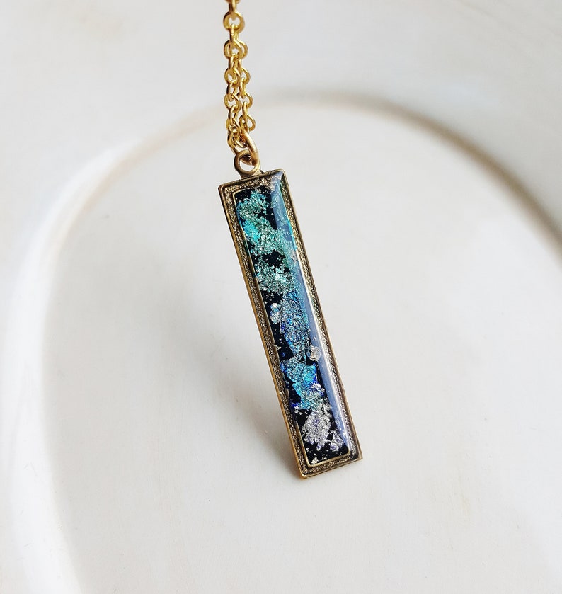 Faux Dichroic Glass Bar Necklace, Colorful Resin Jewelry, Polymer Clay Jewelry, Blue Purple Rainbow Necklace, Gold Flake Necklace image 1