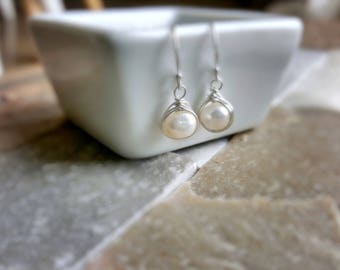 Pearl Earrings Drop Pearl Earrings Sterling Silver Pearl Earrings Bridal Jewelry Wedding Jewelry Bridesmaids Earrings Minimalist Wire Wrap