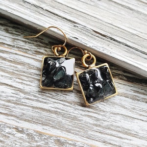 Smokey Glass Chip Earrings, Smoky Black Earrings, Geometric Earrings, Glass Earrings, Delicate Gold Earrings, Minimalist Earrings image 5