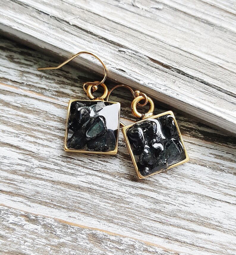 Smokey Glass Chip Earrings, Smoky Black Earrings, Geometric Earrings, Glass Earrings, Delicate Gold Earrings, Minimalist Earrings image 5