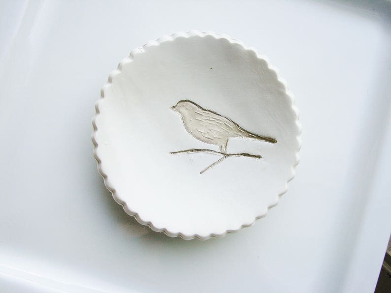 White Gold Sparrow Ring Dish, Wedding Ring Dish, Bridesmaid Gift, Metallic Ring Dish, Clay Ring Dish, Clay Bowl, Bird Ring Dish image 1