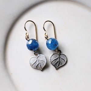 Blue Bead and Heart Earrings - Blue and Pink Earrings - Patina Earrings