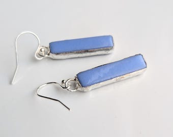 Stained Glass Bar Earrings, Light Blue Rectangle Dangle Earrings, Minimalist Silver Jewelry, Periwinkle Glass Gift for Her, Artisan Handmade