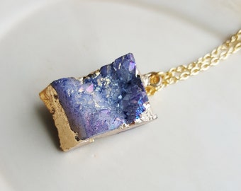 Pale Purple Druzy Stone Necklace, Rough Stone Pendant Necklace, Geology Necklace, Drusy Layering Necklace