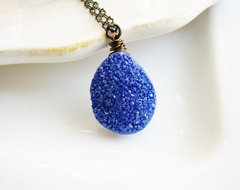 Blue Druzy Necklace, Nugget Necklace, Boho Necklace, Long Layering Necklace, Geology Necklace, Nature Lover, Rustic Jewelry, Stone Necklace