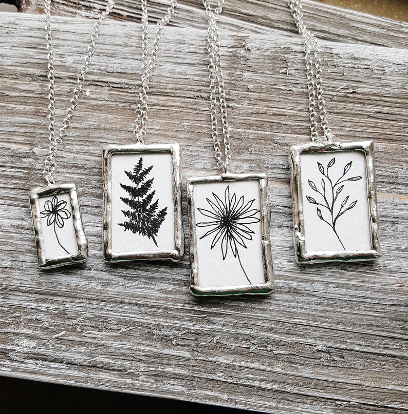 Botanical Art Necklace, Soldered Glass Necklace, Framed Glass Pendant Necklace, Black and White Necklace, Soldered Jewelry, Nature Necklace image 8