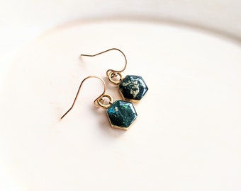 Blue Green Metallic Hexagon Earrings, Geometric Earrings, Boho Earrings, Minimalist Gold Earrings