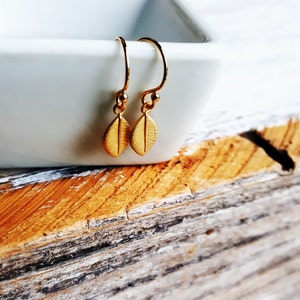 Gold Leaf Earrings Gold Filled Nature Naturalist Gift Dangles Minimalist Small Delicate Bridal Jewelry Botanical image 2