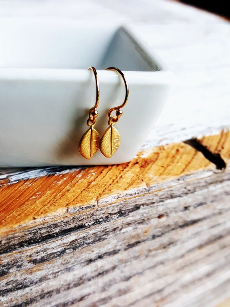 Gold Leaf Earrings Gold Filled Nature Naturalist Gift Dangles Minimalist Small Delicate Bridal Jewelry Botanical image 2