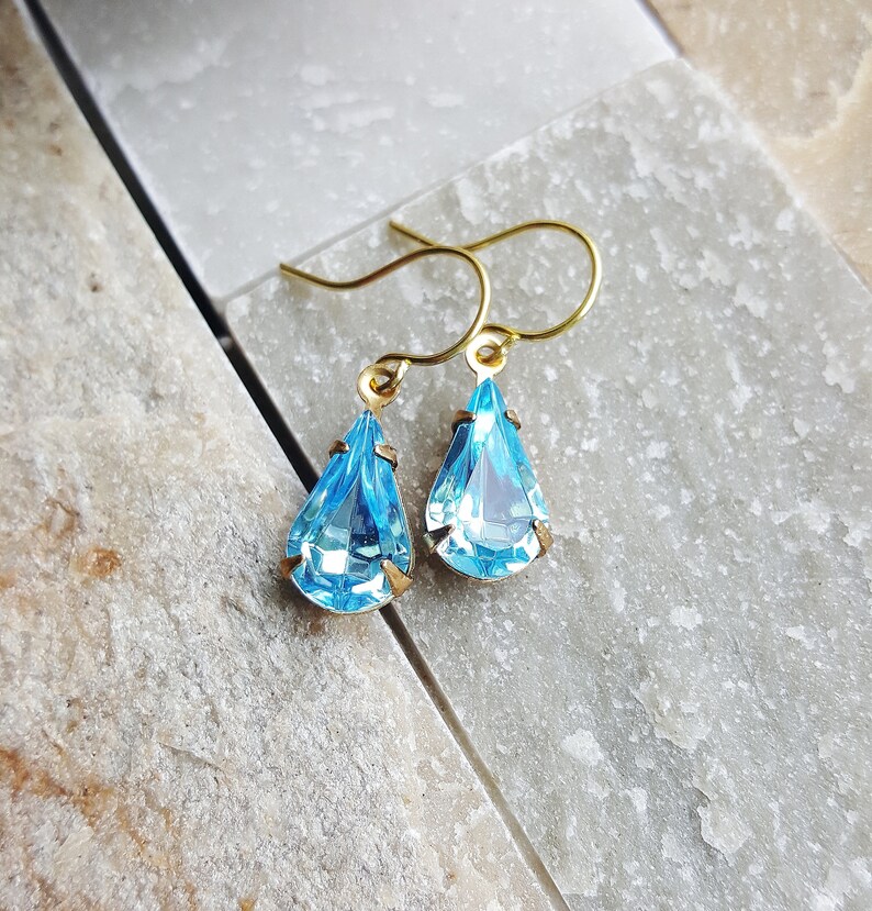 Blue Glass Jewel Earrings, Vintage Style Earrings, Estate Cut Glass Gem Earrings, Tear Drop Rhinestone Earrings, Vintage Jewel Earrings image 2