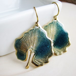 Blue Green Leaf Earrings, Resin Jewelry, Faux Enamel Earrings, Minimalist Nature Jewelry, Botanical Metal Earrings, Charm Earrings