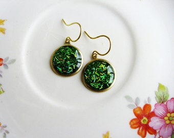 Green Earrings, Glitter Earrings, Gold Drop Earrings, Dangle Earrings, Simple Minimalist Earrings