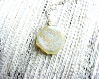 Druzy Agate Necklace Geometric Stone White Cream Iridescent Green Blue Pink Gemstone Pendant Long Layering  Quartz Drusy Silver Minimalist