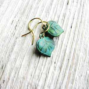 Small Leaf Earrings Green Leaves Tiny Dangles Verdigris Patina Nature Inspired Botanical Bridal Wedding Jewelry Minimalist Jewelry