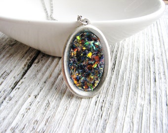 Metallic Glitter Necklace Sparkly Necklace Multicolor Glitter Pendant Resin Jewelry Silver Minimalist Layering Necklace