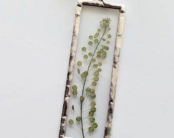 Green Lepidium Leaf Ornament, Christmas Tree Ornament, Pressed Flowers Ornament, Dried Flower Art, Soldered Glass Wall Art