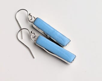 Stained Glass Bar Earrings,  Blue Rectangle Dangle Earrings, Minimalist Silver Jewelry, Glass Gift for Her, Artisan Handmade