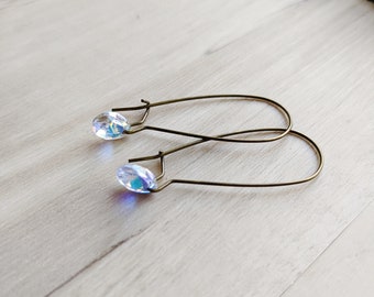 Small Crystal Earrings,  Long Earrings, Clear Crystal Earrings, Briolette Earrings, Brass Earrings