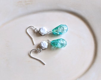 Howlite and Glass Long Earrings - Dangle Earrings - White and Aqua Earrings