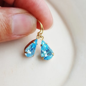 Blue Glass Jewel Earrings, Vintage Style Earrings, Estate Cut Glass Gem Earrings, Tear Drop Rhinestone Earrings, Vintage Jewel Earrings image 1