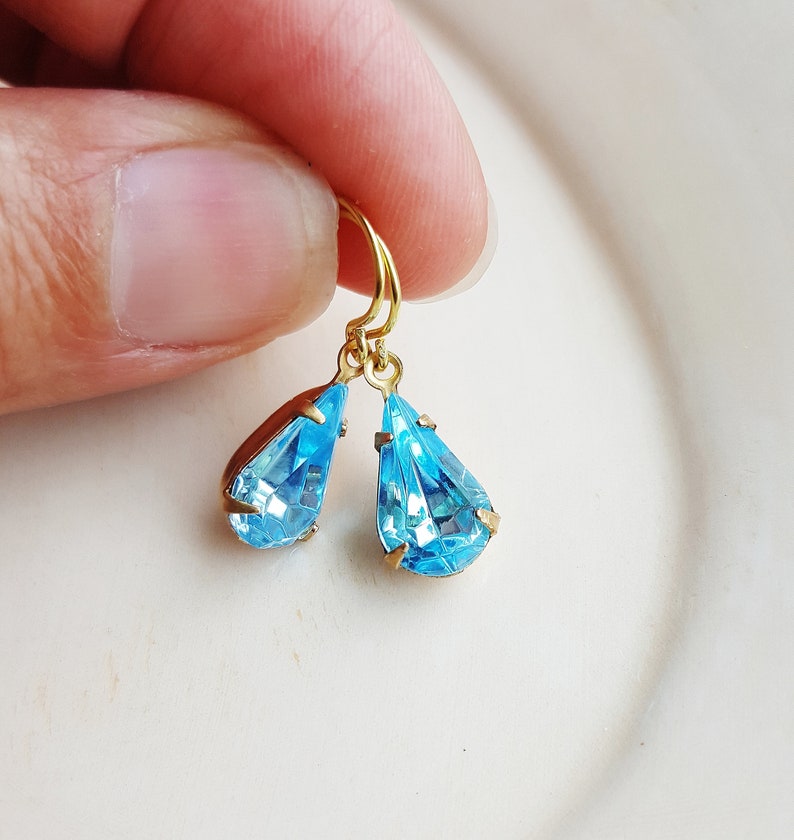 Blue Glass Jewel Earrings, Vintage Style Earrings, Estate Cut Glass Gem Earrings, Tear Drop Rhinestone Earrings, Vintage Jewel Earrings image 1