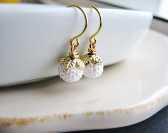 Delicate White Bead Earrings, Simple Bridal Earrings, Wedding Jewelry, Gold and White Drop Earrings, Minimalist Earrings