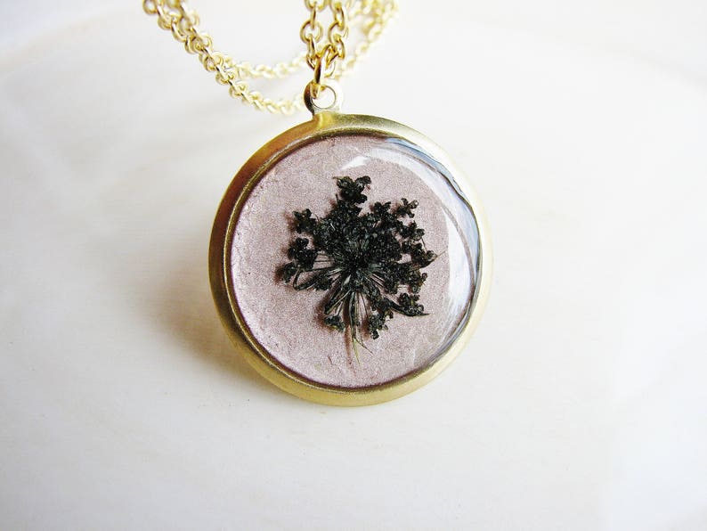 Pressed Flower Jewelry, Black Queen Anne's Lace Necklace, Pressed Flowers Necklace, Rose Gold Jewelry, Resin Jewelry image 2