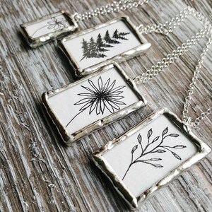 Botanical Art Necklace, Soldered Glass Necklace, Framed Glass Pendant Necklace, Black and White Necklace, Soldered Jewelry, Nature Necklace image 1