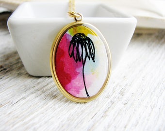 Watercolor Necklace, Flower Art Pendant Necklace, Watercolor Jewelry, Flower Jewelry, Nature Lover Gift, Illustrated Flower Doodle Necklace