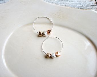 Metal Nugget Earrings, Mixed Metal Earrings, Metallic Nugget Earrings, Minimalist Earrings, Silver Hoop Earrings