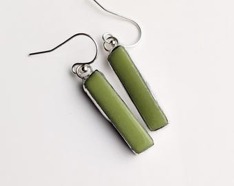 Stained Glass Bar Earrings, Green Rectangle Dangle Earrings, Minimalist Silver Jewelry,  Glass Gift for Her, Handmade Earrings