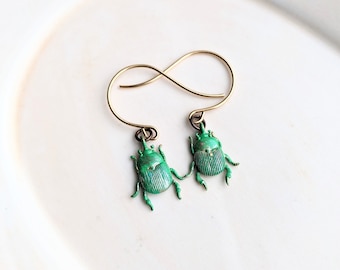 Green Metallic Beetle Earrings, Entomology Jewelry, Nature Lovers Gift, Garden Earrings, Bug Earrings, Insect Jewelry