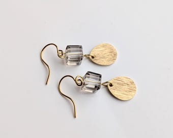 Minimalist Gold Dangle Earrings, Geometric Glass Cube Earrings,