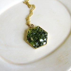 Green Glass Hexagon Necklace, Peridot Green Necklace, Boho Necklace, Bohemian Jewelry, Statement Jewelry, Minimalist Necklace image 1