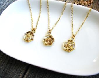 Gold Glitter Pendant Necklace, Mini Hexagon Necklace, Bohemian Necklace, Boho Necklace, Layering Necklace, Minimalist, Geometric Jewelry