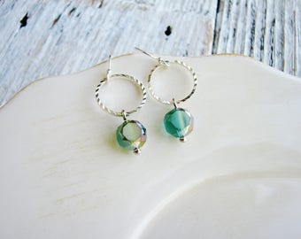Seafoam Glass Bead Earrings, Round Link Earrings, Glass Bead Earrings, Green Czech Glass Earrings, Modern Earrings, Silver Earrings