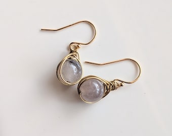 Handmade Wire Wrapped Earrings, Gray Sunstone Earrings, Gold Dangle Drop Earrings, Minimalist Natural Gemstone Jewelry, Everyday Earrings
