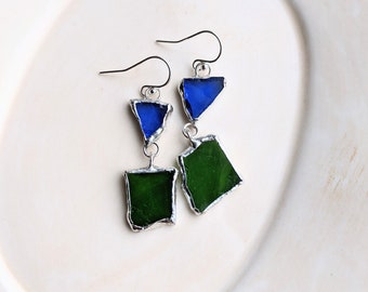 Blue and Green Glass Earrings, Stained Glass Earrings, Soldered Earrings, Silver Earrings, Rustic Glass Earrings, Minimalist Earrings