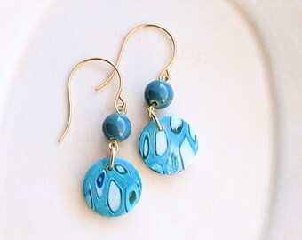 Blue Polymer Clay Earrings, Bead Earrings, Circle Earrings, Blue Earrings
