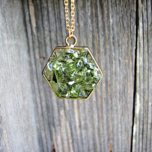 Green Glass Hexagon Necklace, Peridot Green Necklace, Boho Necklace, Bohemian Jewelry, Statement Jewelry, Minimalist Necklace image 2