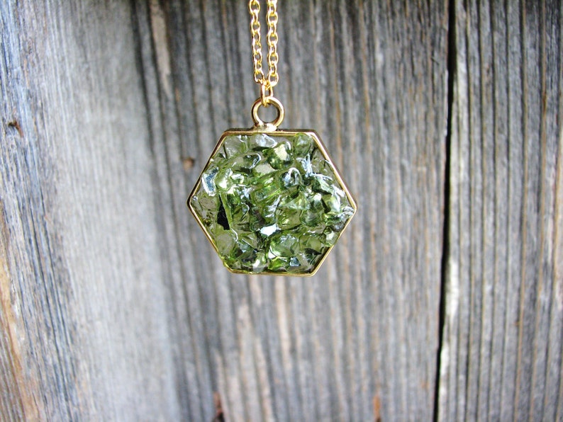 Green Glass Hexagon Necklace, Peridot Green Necklace, Boho Necklace, Bohemian Jewelry, Statement Jewelry, Minimalist Necklace image 2