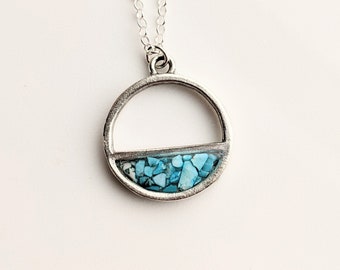 Blue Stone Half Circle Necklace, Stone Jewelry, Silver and Blue Necklace, Geology Necklace