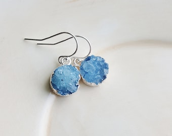 Blue Druzy Earrings, Silver Earrings, Stone Earrings, Minimalist Earrings, Geology Jewelry, Naturalist Earrings