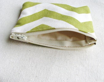Zippered Coin Purse Cosmetic Bag Small Zipper Clutch Pouch Small Hand Bag Jewelry Pouch Quilted Sage Green White Fabric Chevron Material